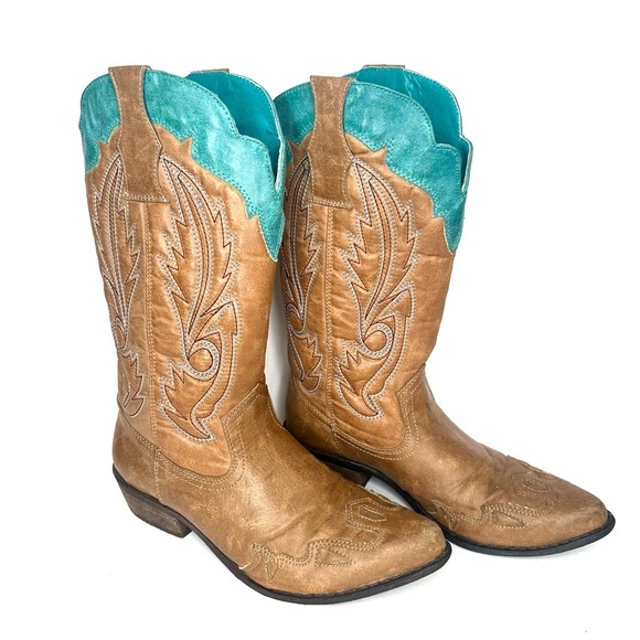 Coconuts by Matisse Shoes - Coconuts by Matisse Tan and Teal Y2K Western Cowboy Boots Size 7.5